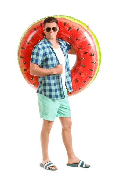 Young Man Inflatable Ring White Background — Stock Photo, Image