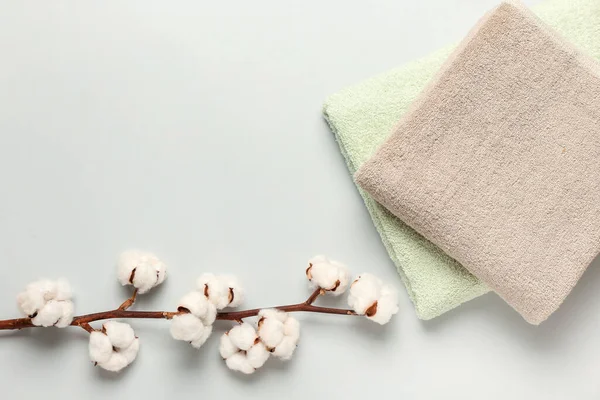 Cotton Flowers Soft Towels Grey Background — Stock Photo, Image