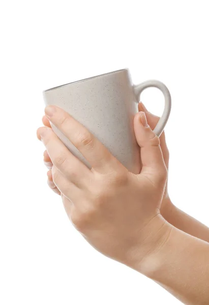 Manos Femeninas Con Taza Café Sobre Fondo Blanco — Foto de Stock