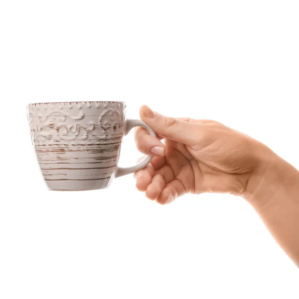 Mano Femenina Con Taza Café Sobre Fondo Blanco — Foto de Stock