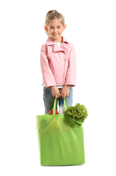 Menina Com Comida Saco Fundo Branco — Fotografia de Stock