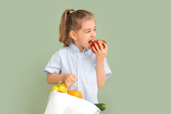 Little Girl Food Bag Color Background — Stock Photo, Image