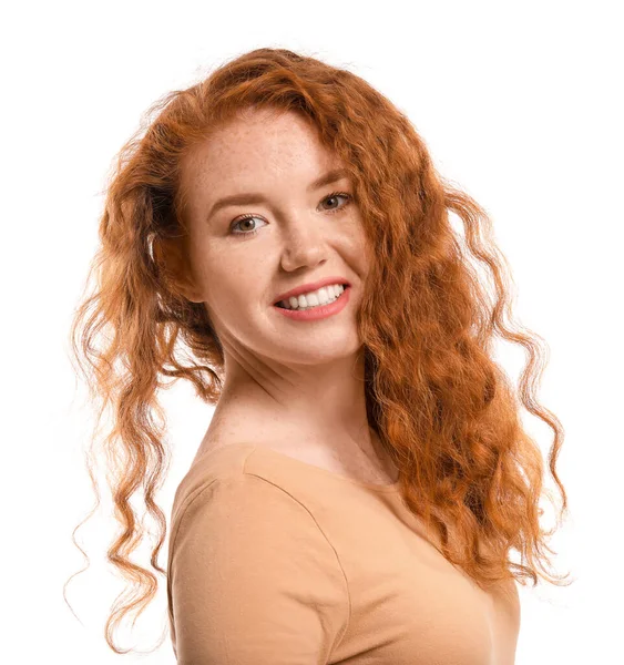Portrait Beautiful Redhead Woman White Background — Stock Photo, Image