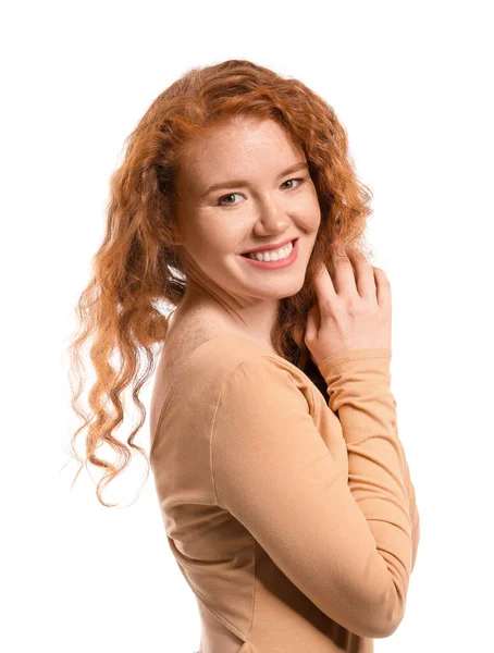Portrait Beautiful Redhead Woman White Background — Stock Photo, Image
