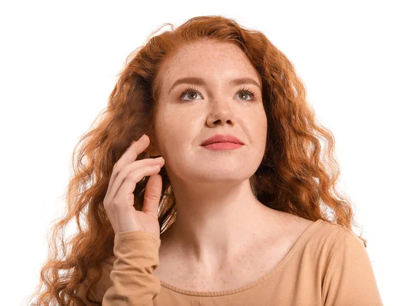 Portrait Beautiful Redhead Woman White Background — Stock Photo, Image