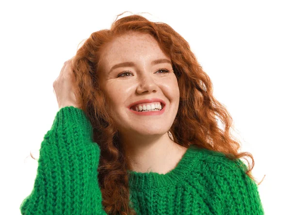 Portrait Beautiful Redhead Woman White Background — Stock Photo, Image