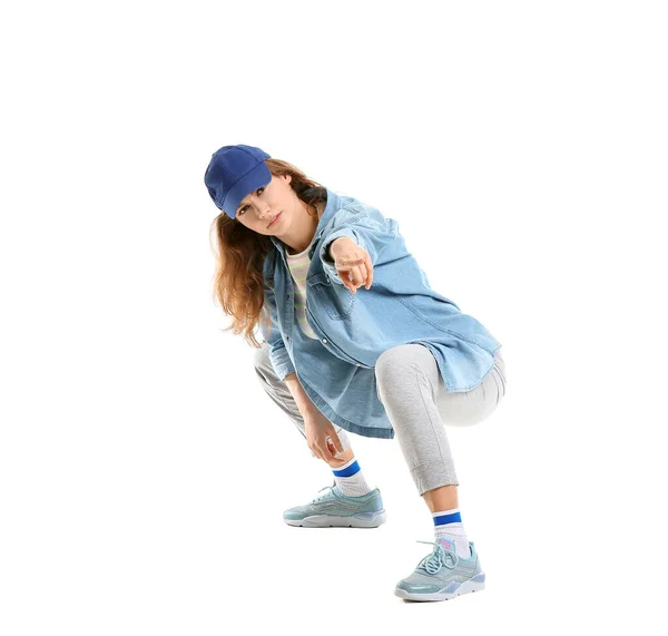 Vacker Kvinnlig Hip Hop Dansare Isolerad Vit — Stockfoto