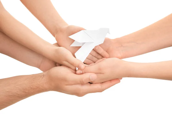 Hands Family Paper Dove White Background — Stock Photo, Image