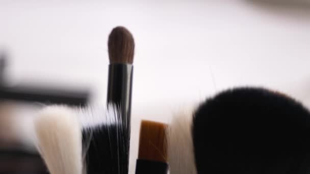 Many Makeup Brushes Blurred Background Closeup — Stock Video