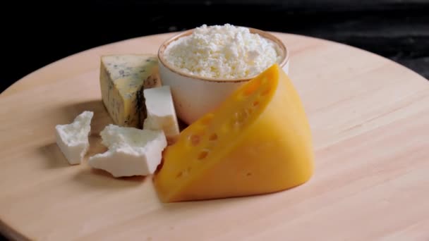 Rotating Board Fresh Dairy Products Closeup — Stock Video