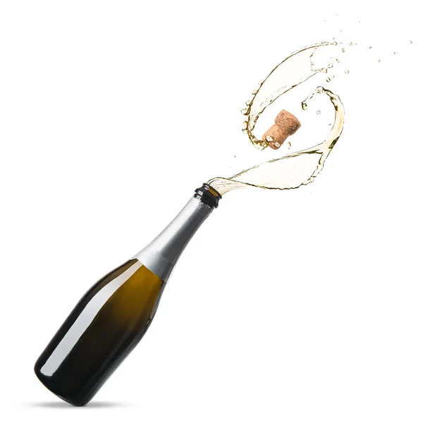 Open Fles Champagne Met Splash Witte Achtergrond — Stockfoto