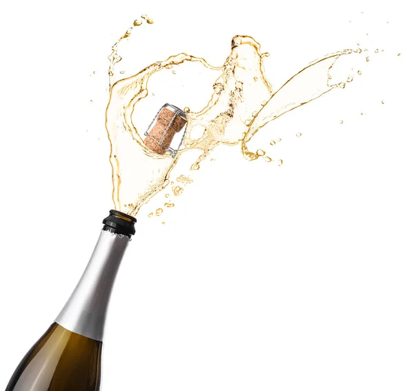 Open Fles Champagne Met Splash Witte Achtergrond — Stockfoto