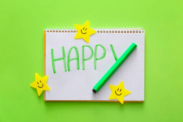 Notebook Text Happy Paper Stars Marker Color Background — Stock Photo, Image