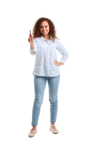 Happy Young Woman Car Key White Background — Stock Photo, Image