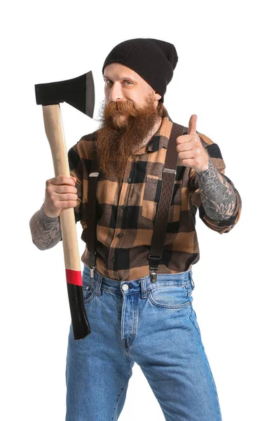 Handsome Lumberjack Showing Thumb White Background — Stock Photo, Image