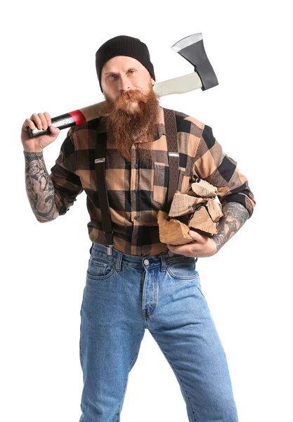 Handsome Lumberjack White Background — Stock Photo, Image