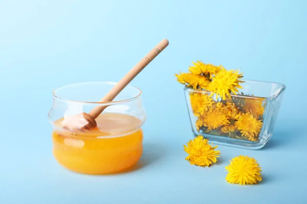 Jar Dandelion Honey Color Background — Stock Photo, Image