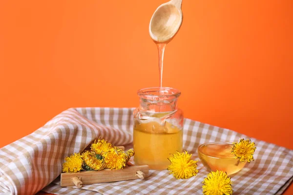 Jar Dandelion Honey Color Background — Stock Photo, Image