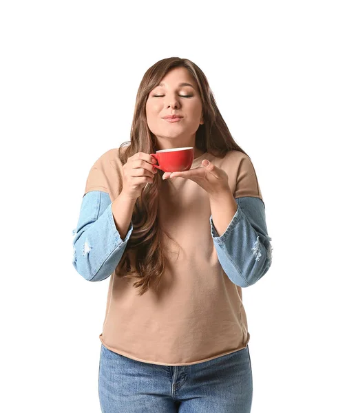 Ung Kvinna Dricker Varmt Kaffe Vit Bakgrund — Stockfoto