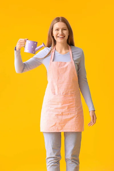 Young Woman Watering Can Color Background — Stock Photo, Image