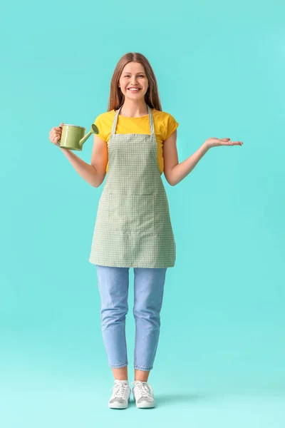 Young Woman Watering Can Color Background — Stock Photo, Image