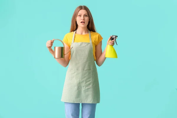 Surprised Young Woman Watering Can Water Sprayer Color Background — Stock Photo, Image