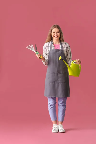 Young Woman Watering Can Gardening Tools Color Background — Stock Photo, Image