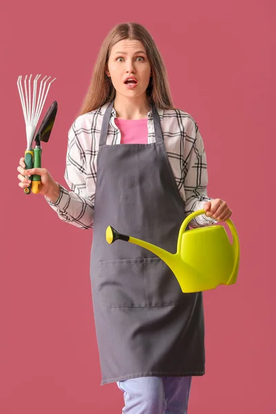Surprised Young Woman Watering Can Gardening Tools Color Background — Stock Photo, Image