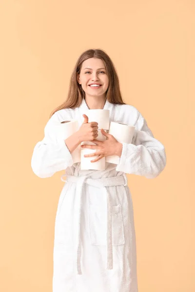 Young Woman Many Rolls Toilet Paper Color Background — Stock Photo, Image