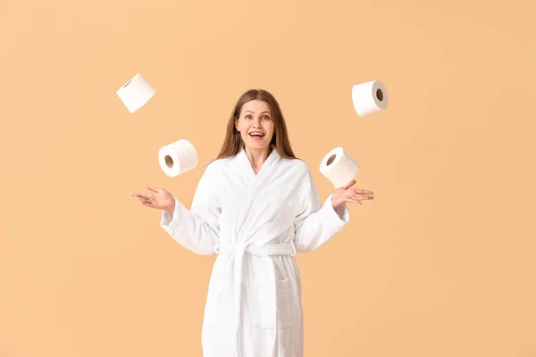 Young Woman Many Rolls Toilet Paper Color Background — Stock Photo, Image