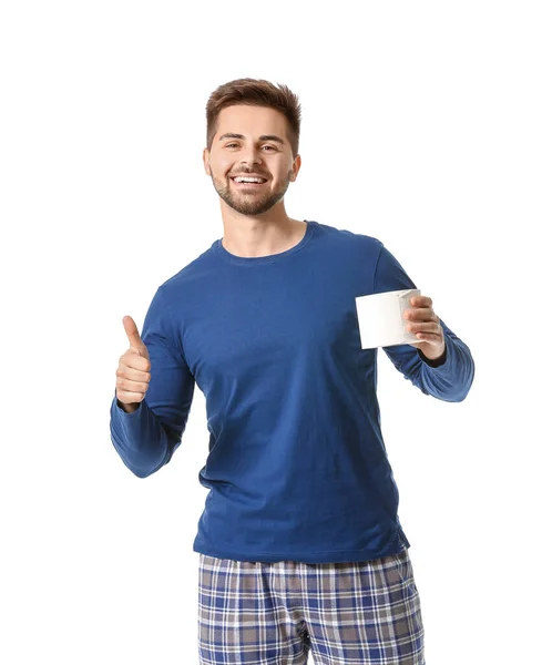 Young Man Toilet Paper Showing Thumb White Background — Stock Photo, Image