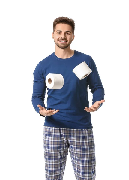 Junger Mann Mit Toilettenpapier Auf Weißem Hintergrund — Stockfoto