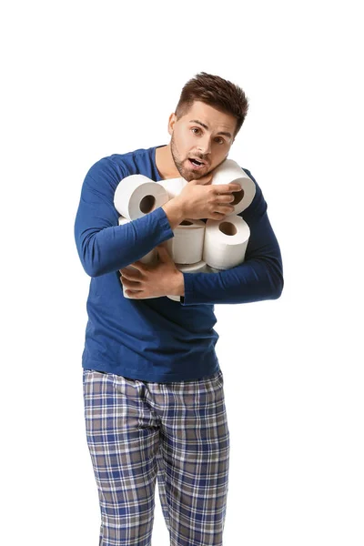 Young Man Many Rolls Toilet Paper White Background — Stock Photo, Image
