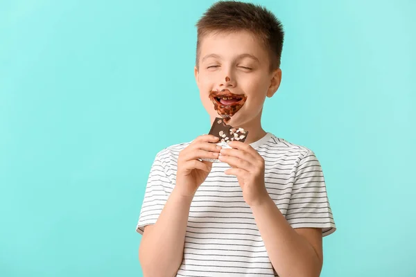 Cute Little Boy Chocolate Color Background — Stock Photo, Image