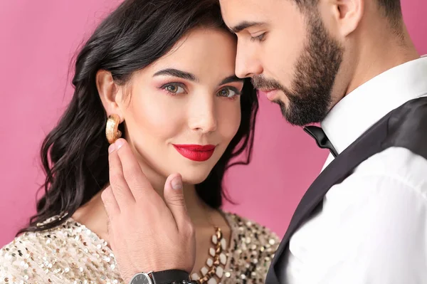 Young Couple Wearing Stylish Accessories Color Background — Stock Photo, Image