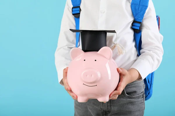 Little Boy Piggy Bank Color Background Concept Savings Education — Stock Photo, Image