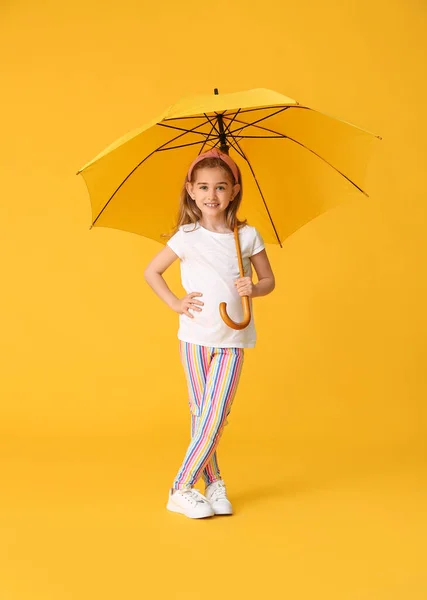 Cute Little Girl Umbrella Color Background — Stock Photo, Image