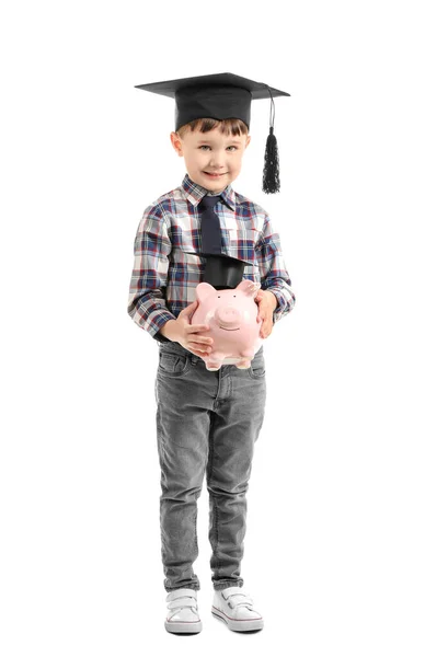 Little Boy Piggy Bank White Background Concept Savings Education Stock Picture