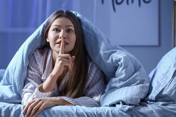 Beautiful Young Woman Showing Silence Gesture Bed Night — Stock Photo, Image