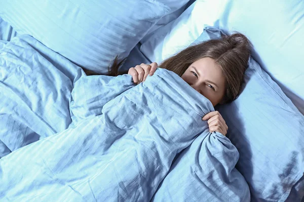 Beautiful Young Woman Bed Night — Stock Photo, Image