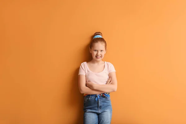 Cute Redhead Girl Color Background — Stock Photo, Image