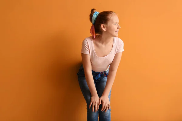 Cute Redhead Girl Color Background — Stock Photo, Image