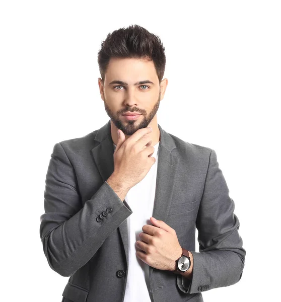 Hombre Guapo Con Peinado Elegante Sobre Fondo Blanco —  Fotos de Stock