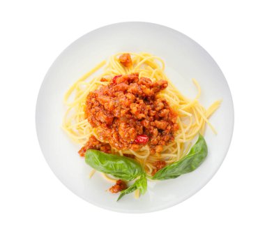 Plate with tasty pasta bolognese on white background