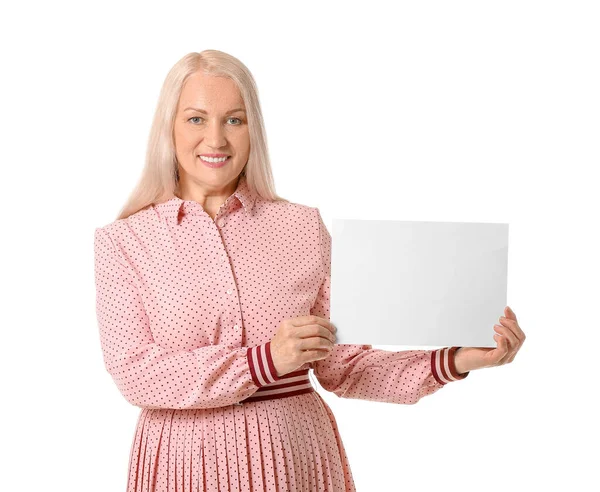 Mature Woman Blank Card White Background — Stock Photo, Image
