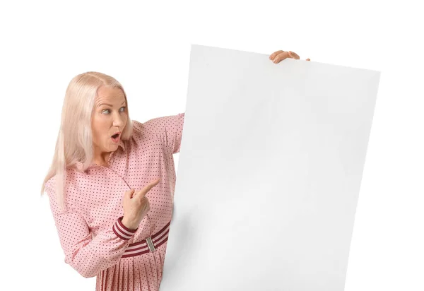 Surprised Mature Woman Blank Poster White Background — Stock Photo, Image