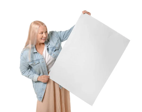 Mature Woman Blank Poster White Background — Stock Photo, Image