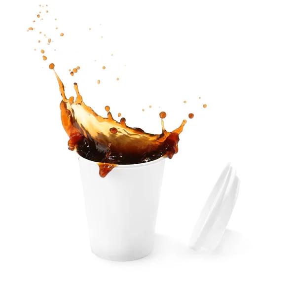 Kopje Hete Koffie Met Plons Witte Achtergrond — Stockfoto