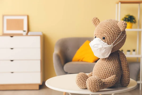 Teddy Bear Medical Protective Mask Table Room — Stock Photo, Image