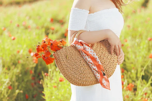 Beautiful Young Woman Poppy Flowers Field — Stock Photo, Image